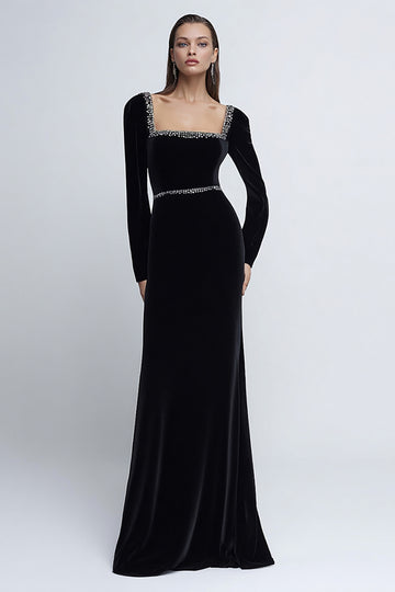 Black Velvet Sheath Long Sleeves Formal Dress with Beading